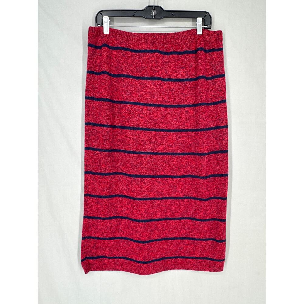 Vintage Skirt Womens Medium Red Striped Midi Navy Blue Knit Cotton Made USA - Picture 3 of 7